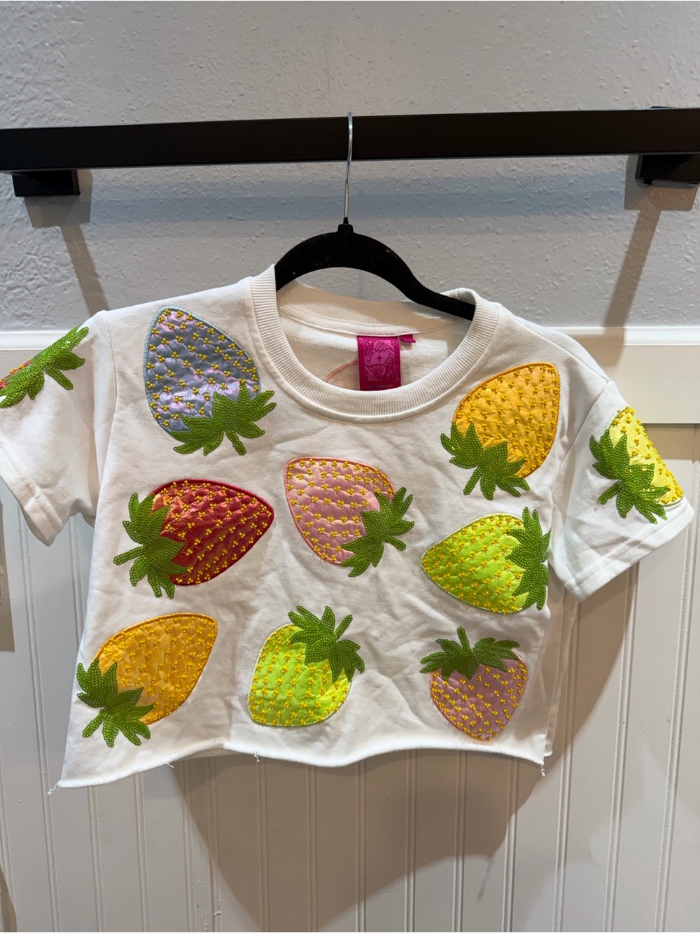 QUEEN OF SPARKLES Kids White Crop Tee with Multi-Color Strawberry Patches